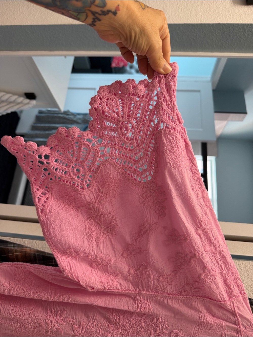 Democracy Pink Crochet-Detail V-Neck Blouse - Picture 2 of 5